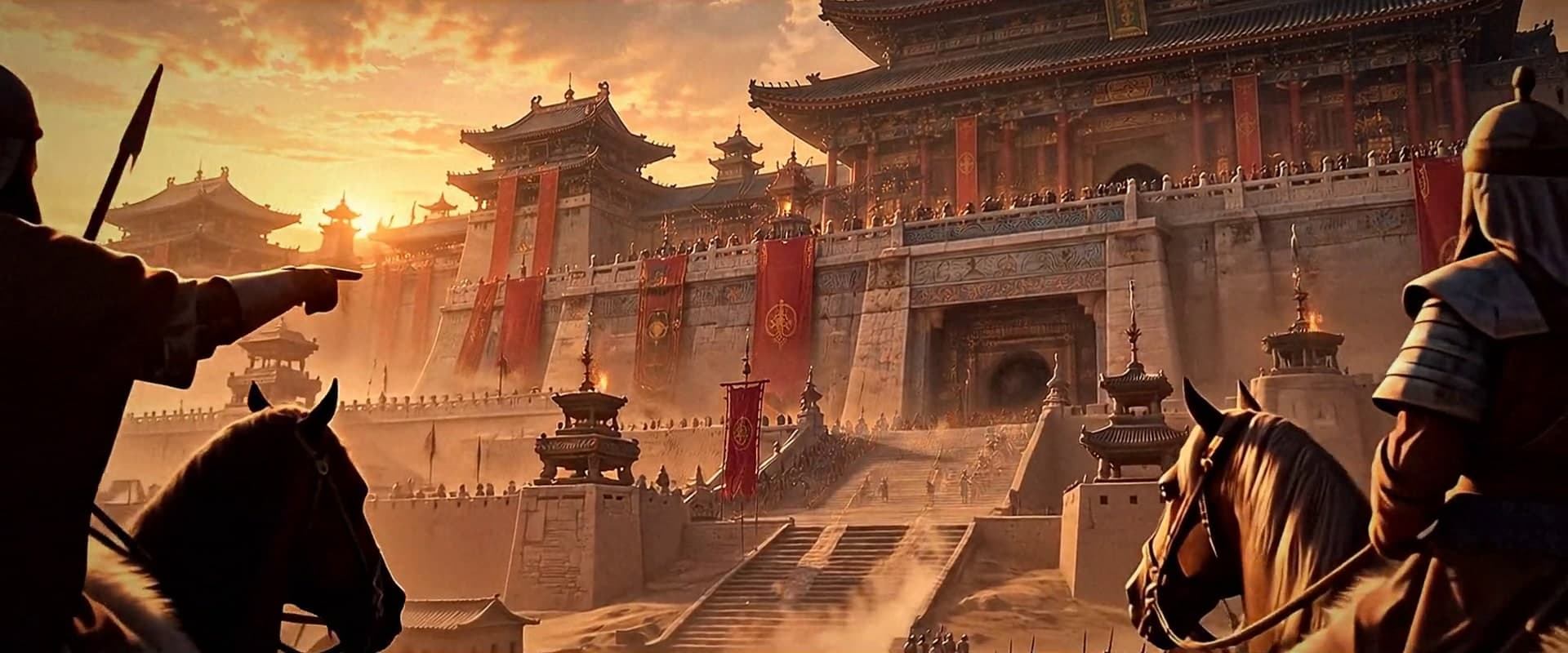 Mounted warriors facing the red-bannered gate of a fortified imperial city