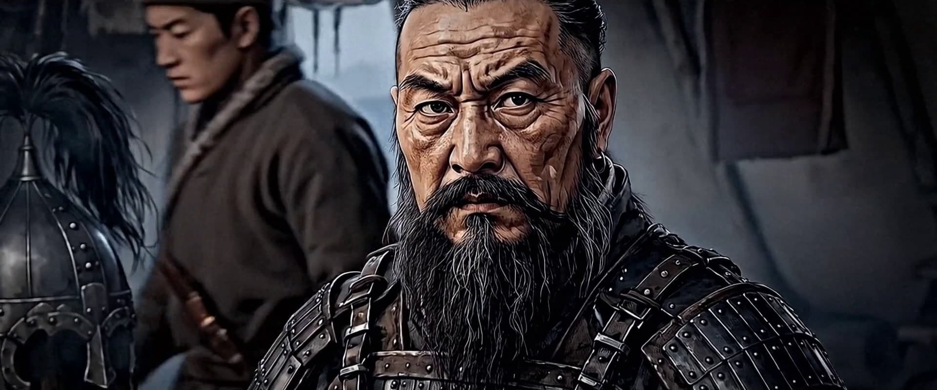 Close portrait of a bearded Mongol commander in dark lamellar armour