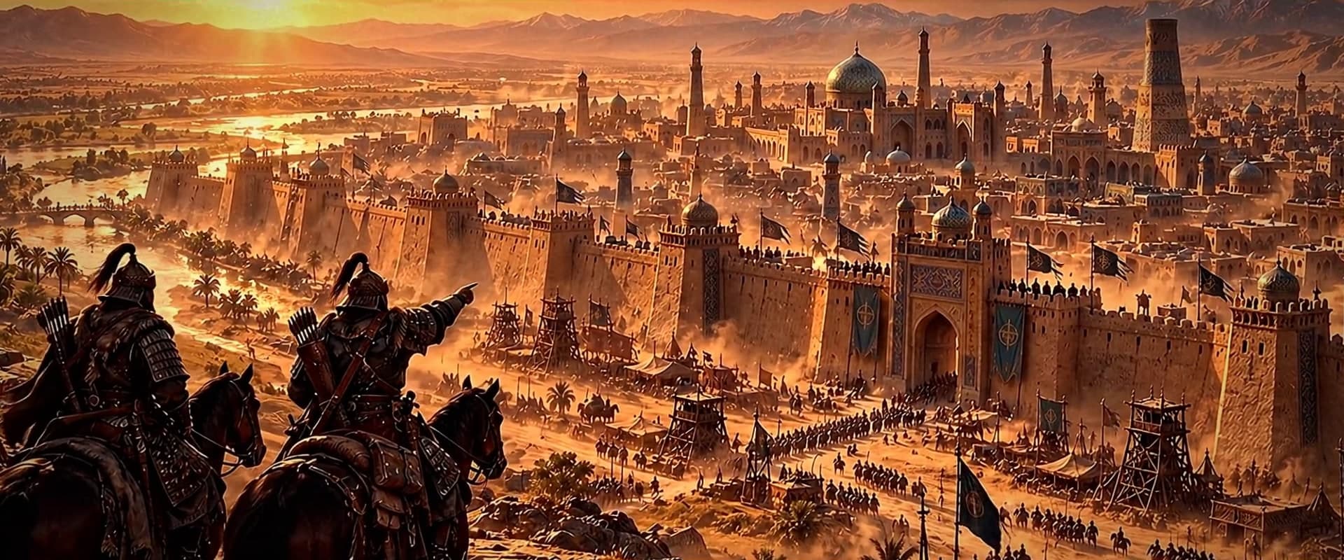 Riders overlooking a great walled city of domes and towers at sunset