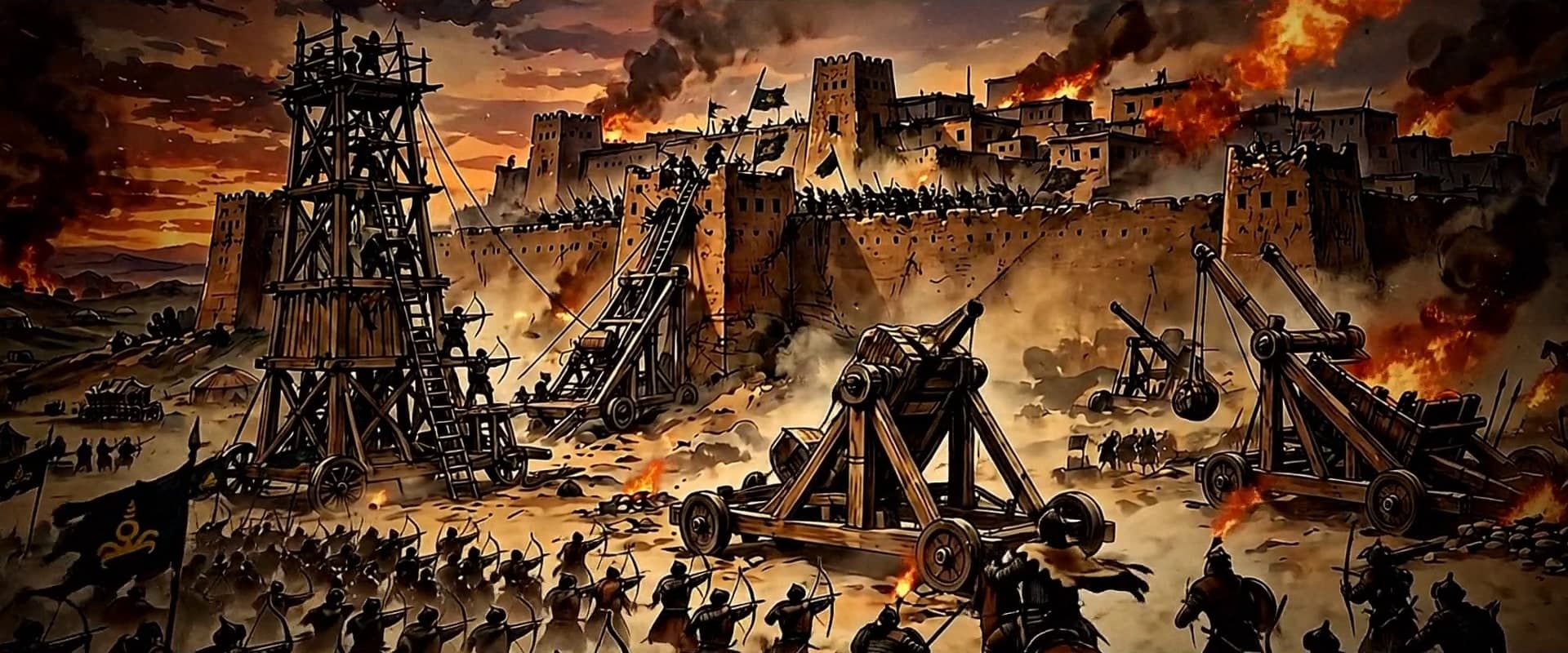Siege towers and catapults assaulting a burning desert fortress