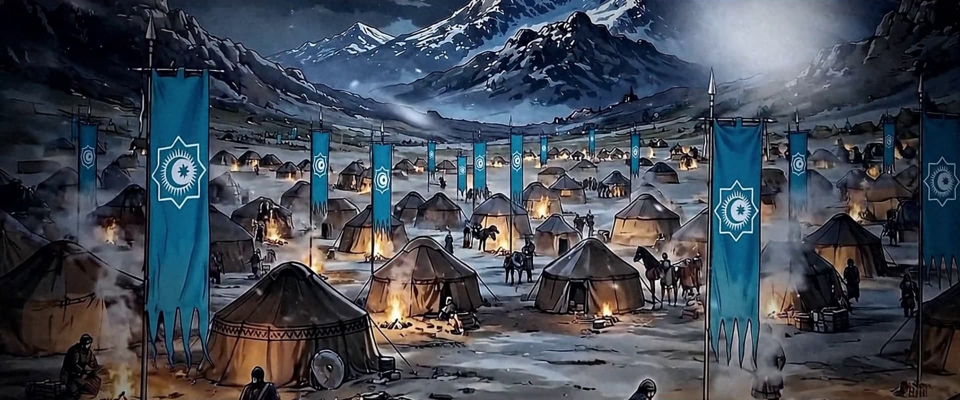 A Mongol encampment of felt tents and blue banners beneath snow-covered mountains at night