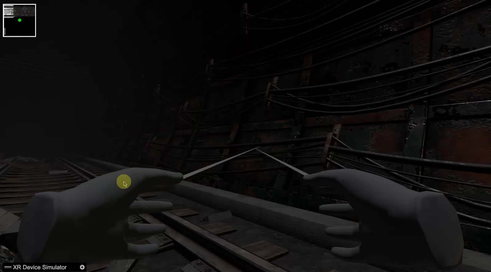 Latest build: moving along the rail track through a cable-lined tunnel