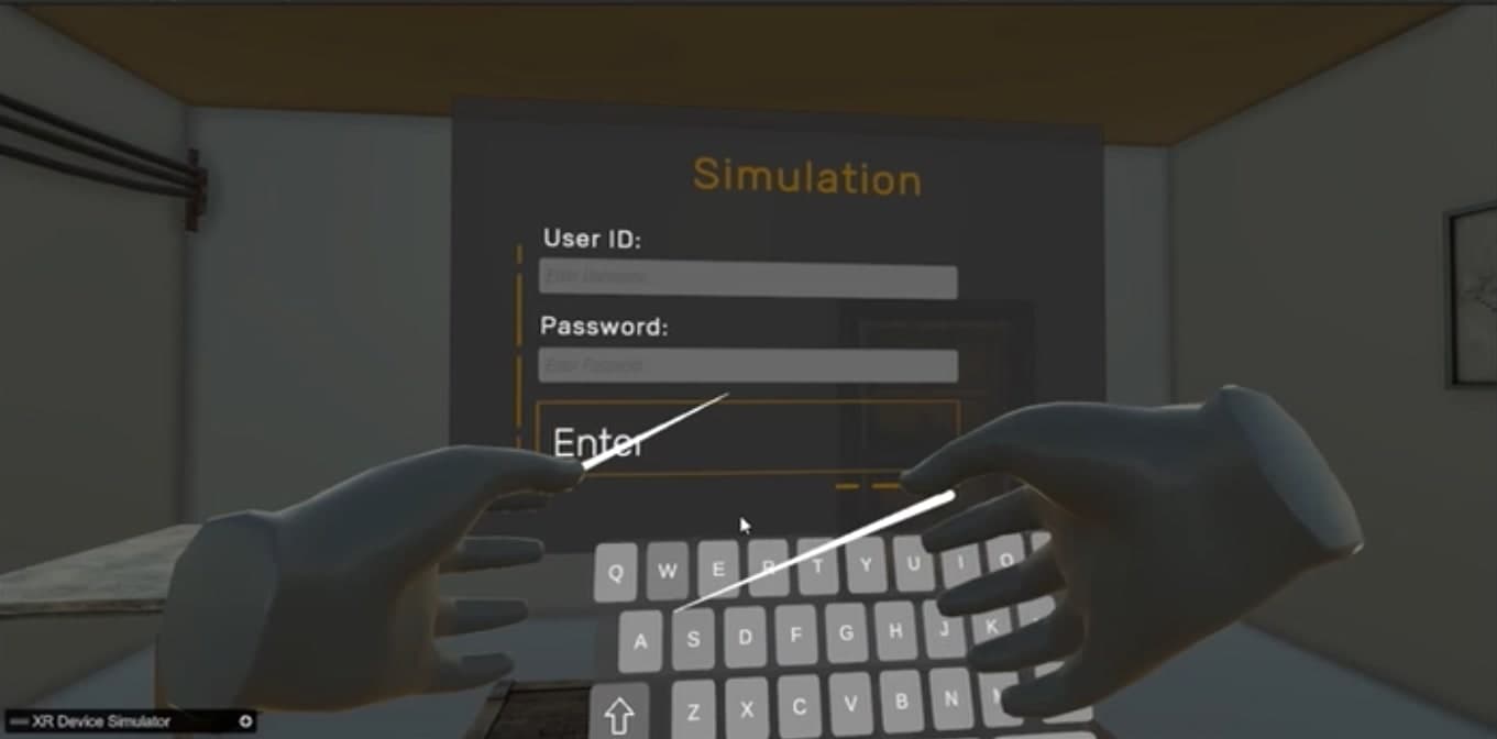 Early prototype: an in-world sign-in panel with user ID and password fields and an on-screen keyboard, operated by two virtual hands