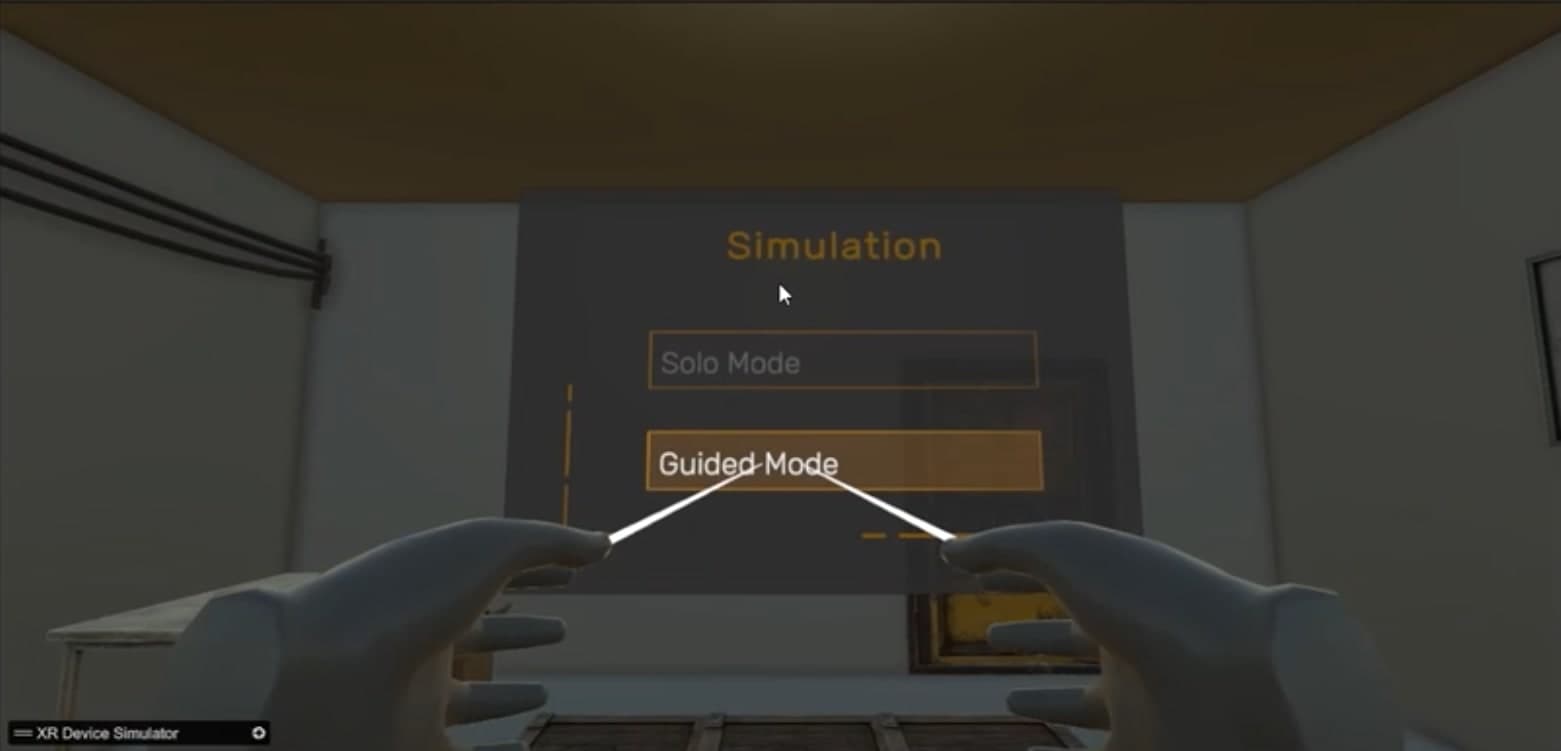 Early prototype: a menu panel offering Solo Mode and Guided Mode, selected with ray pointers