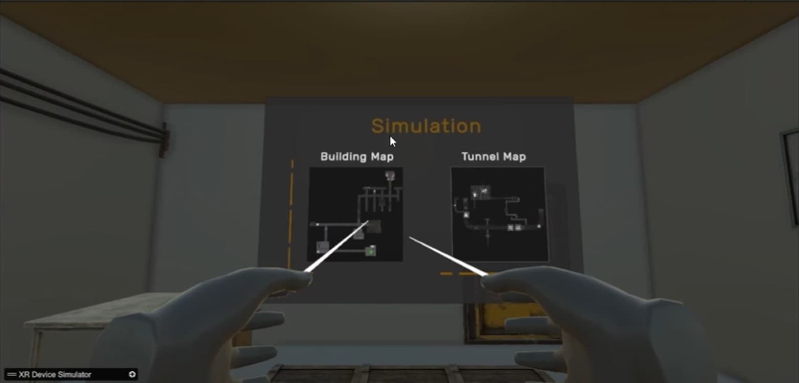 Early prototype: an environment selection panel showing a Building Map and a Tunnel Map