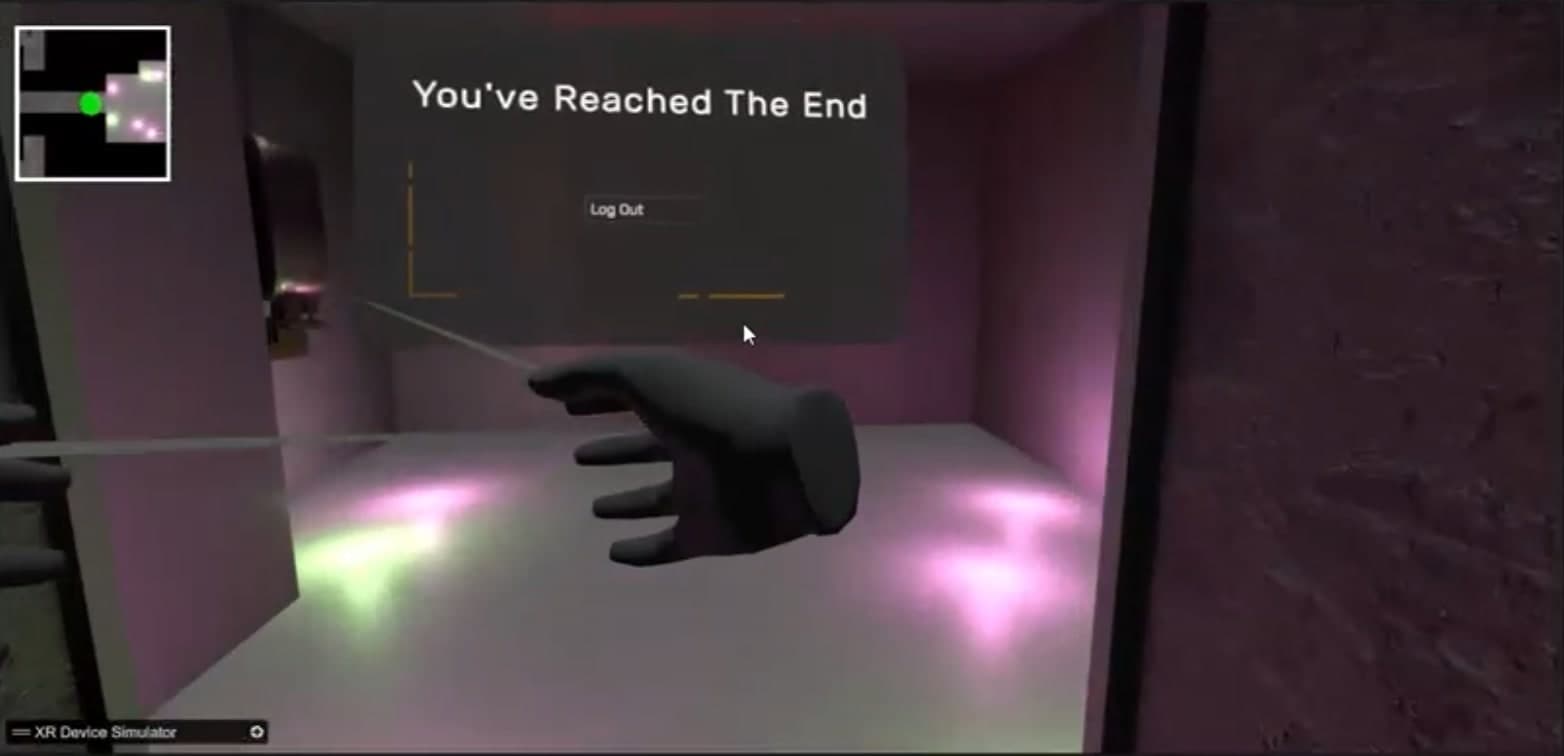 Early prototype: a completion panel reading “You've Reached The End” with a log-out control and a minimap