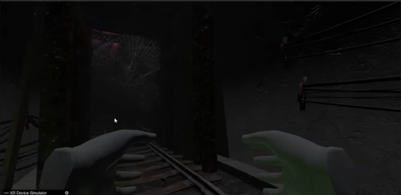 Early prototype: a dark rail tunnel with timber supports and a web across the path