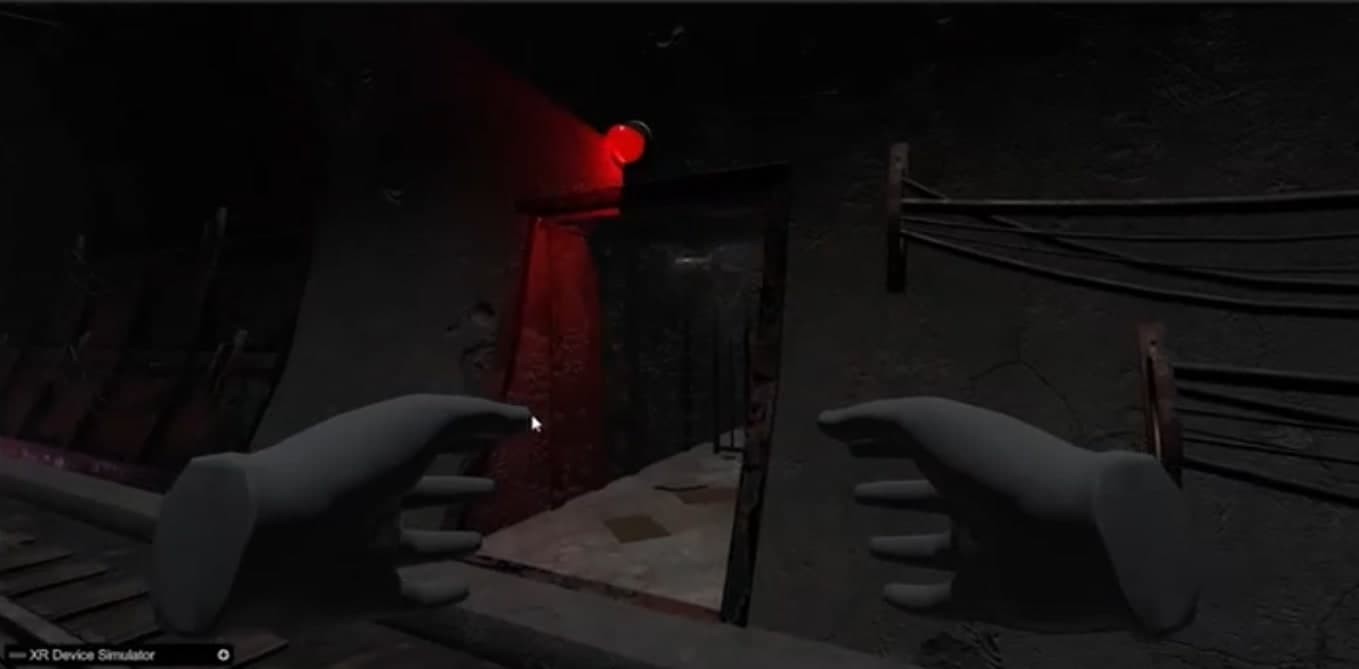 Early prototype: a doorway lit by a red lamp at the side of the tunnel
