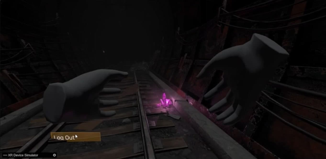 Early prototype: tunnel track with a glowing crystal marker and an in-world log-out control
