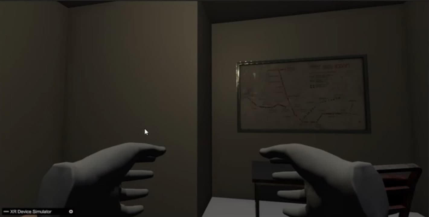 Early prototype: a plain interior room with a framed wall map, seen past two virtual hands