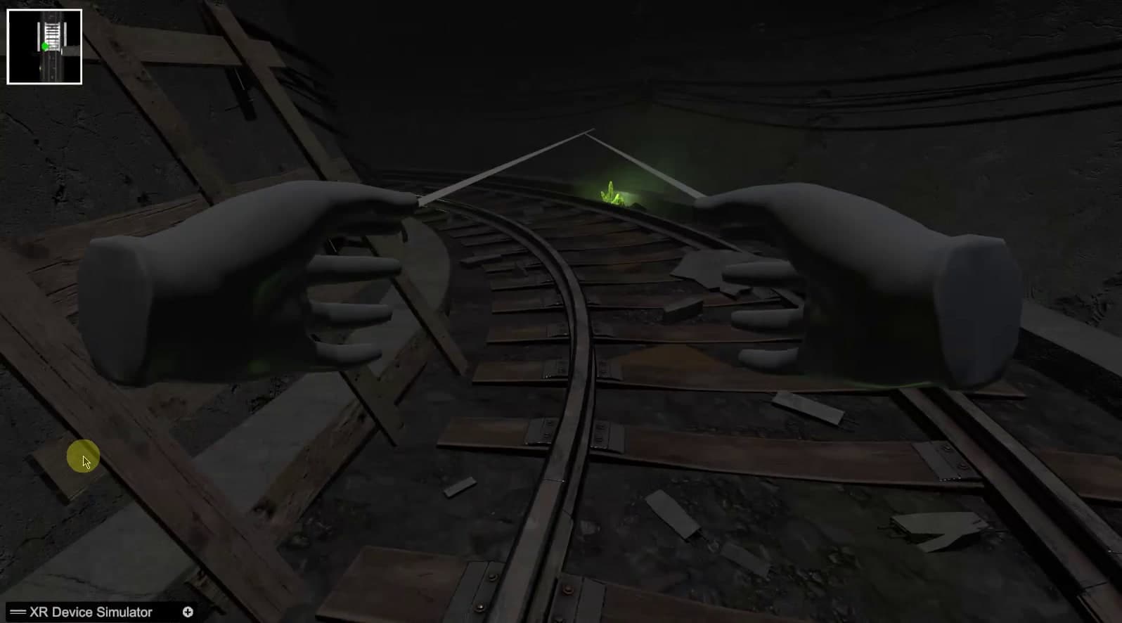 Latest build: the rail track curving past fallen timber towards a green glow